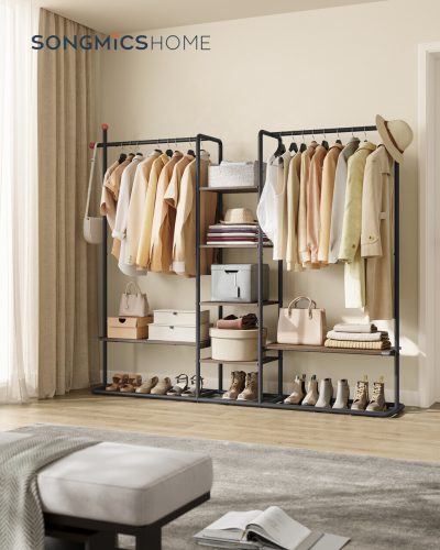 Suport haine cu rafturi si bare, Songmics, 6 rafturi, 2 bare, 163.6x33.8x175.3 cm, otel/PAL, maro nuc/negru