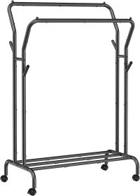 Suport mobil pentru umerase cu doua bare Songmics, 103.5x52.5x155 cm, otel, negru