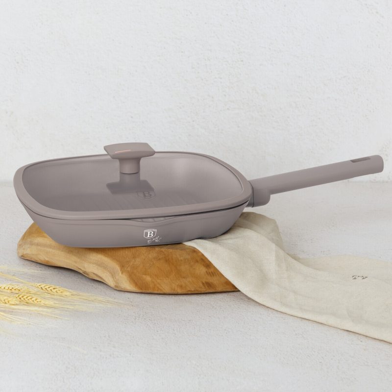 Tigaie grill cu capac Berlinger Haus, Taupe, 28 cm, 2.1 L, aluminiu forjat, taupe mat